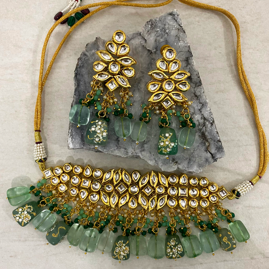 Komal Kundan Polki Necklace Set - Mint Green